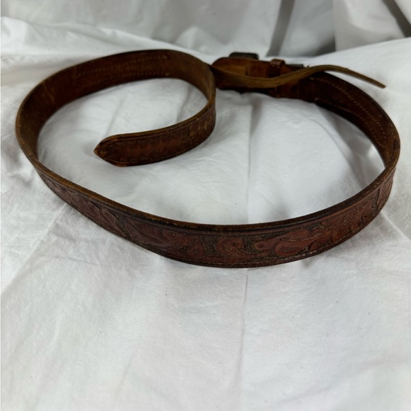 Vintage 4 piece sterling tan western tooled leather belt small - Picture 12 of 13